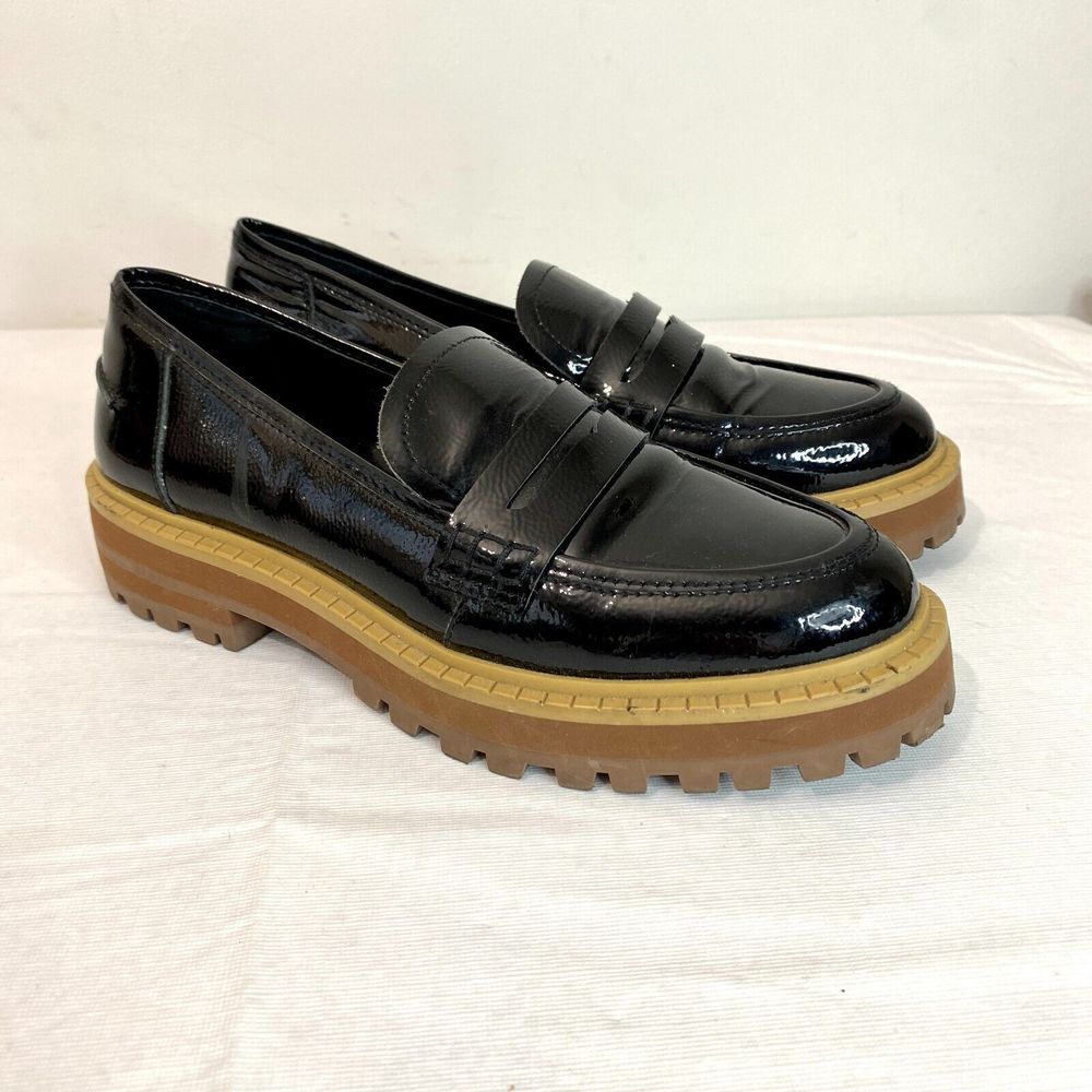 Vince Camuto Mckella Chunky Lug-Sole Penny Loafer in Black Patent Leather